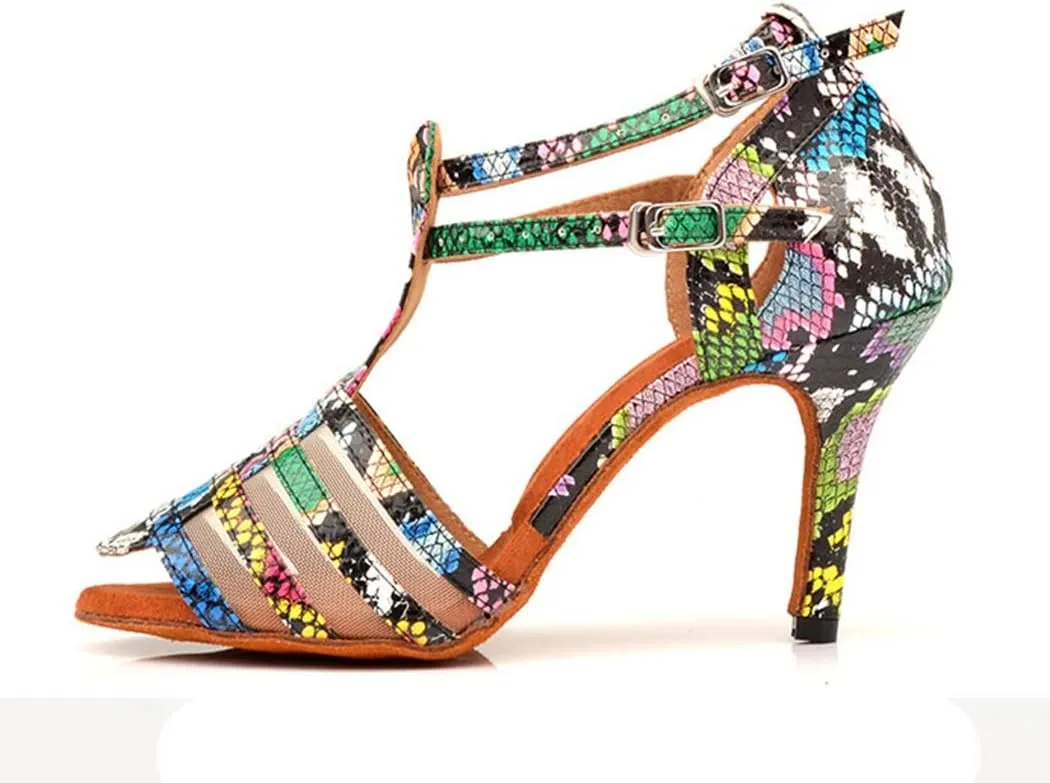 TDA Women's Peep Toe Stiletto Heel Cut-out T-strap Snakeskin Synthetic Salsa Tango Latin Modern Dance Shoes