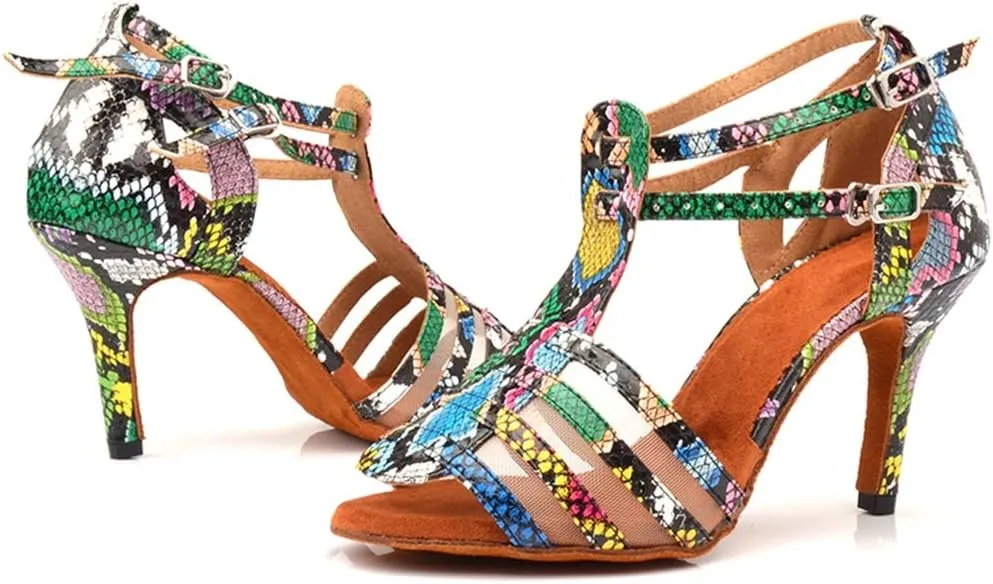 TDA Women's Peep Toe Stiletto Heel Cut-out T-strap Snakeskin Synthetic Salsa Tango Latin Modern Dance Shoes
