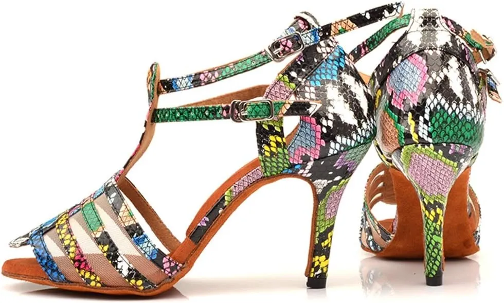 TDA Women's Peep Toe Stiletto Heel Cut-out T-strap Snakeskin Synthetic Salsa Tango Latin Modern Dance Shoes