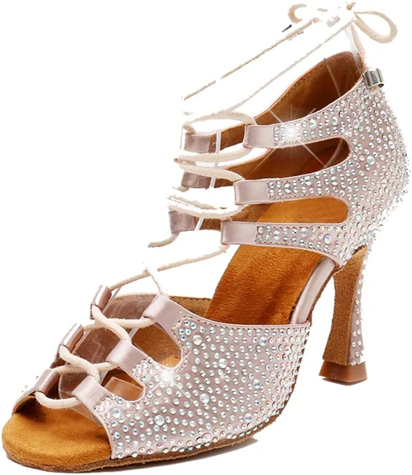 TDA Women's Sexy Lace-up Peep Toe Beige Crystals Satin Salsa Tango Ballroom Latin Dance Shoes 7.5 M US