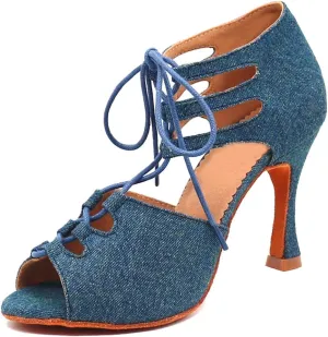 TDA Women's Sexy Lace-up Peep Toe Blue Denim Salsa Tango Ballroom Latin Dance Shoes 6.5 M US