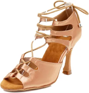 TDA Women's Sexy Lace-up Peep Toe Brown Satin Salsa Tango Ballroom Latin Dance Shoes 4 M US