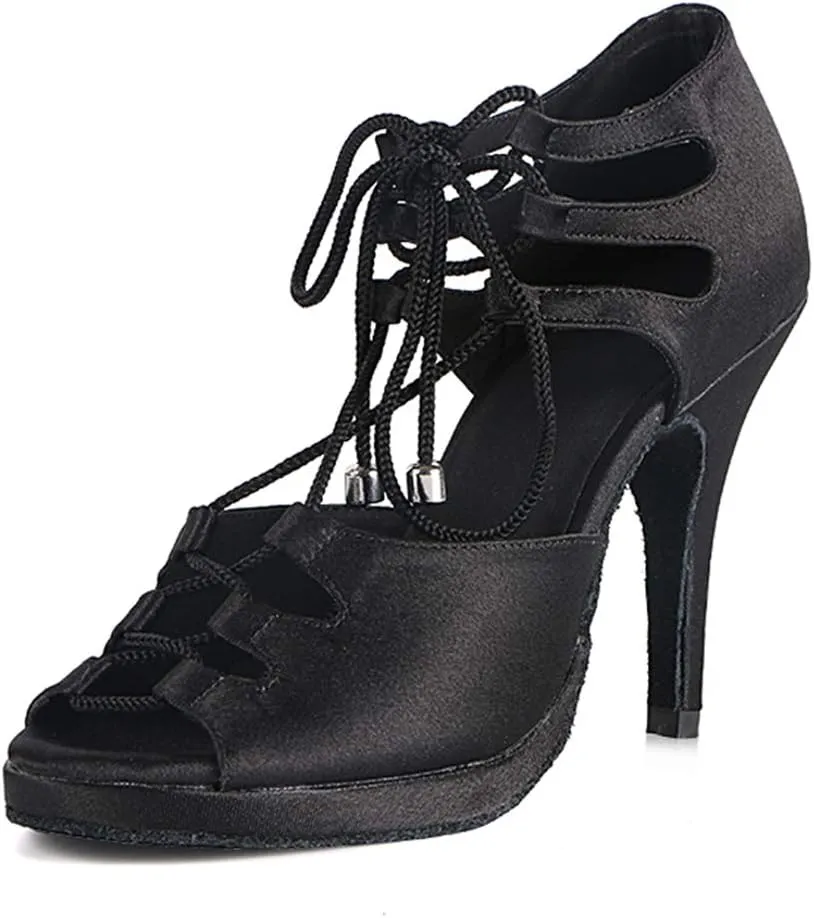 TDA Women's Sexy Lace-up Peep Toe Platform Black Satin Salsa Tango Ballroom Latin Dance Shoes 8 M US