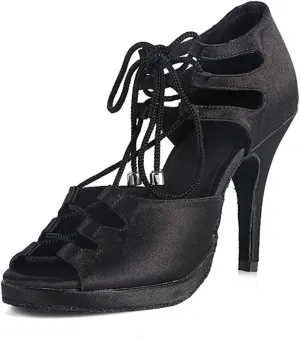 TDA Women's Sexy Lace-up Peep Toe Platform Black Satin Salsa Tango Ballroom Latin Dance Shoes 8 M US