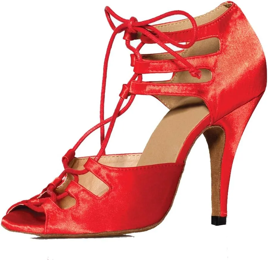 TDA Women's Sexy Lace-up Peep Toe Red Satin Salsa Tango Ballroom Latin Dance Shoes 4 M US