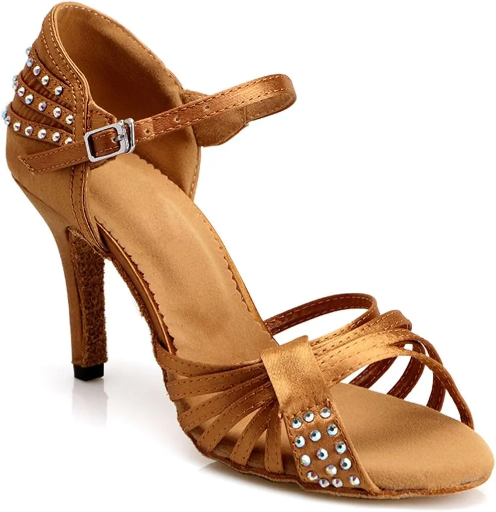 TDA Women's Single Strap Stiletto High Heel Cut-out Crystals Satin Salsa Tango Samba Modern Latin Dance Shoes
