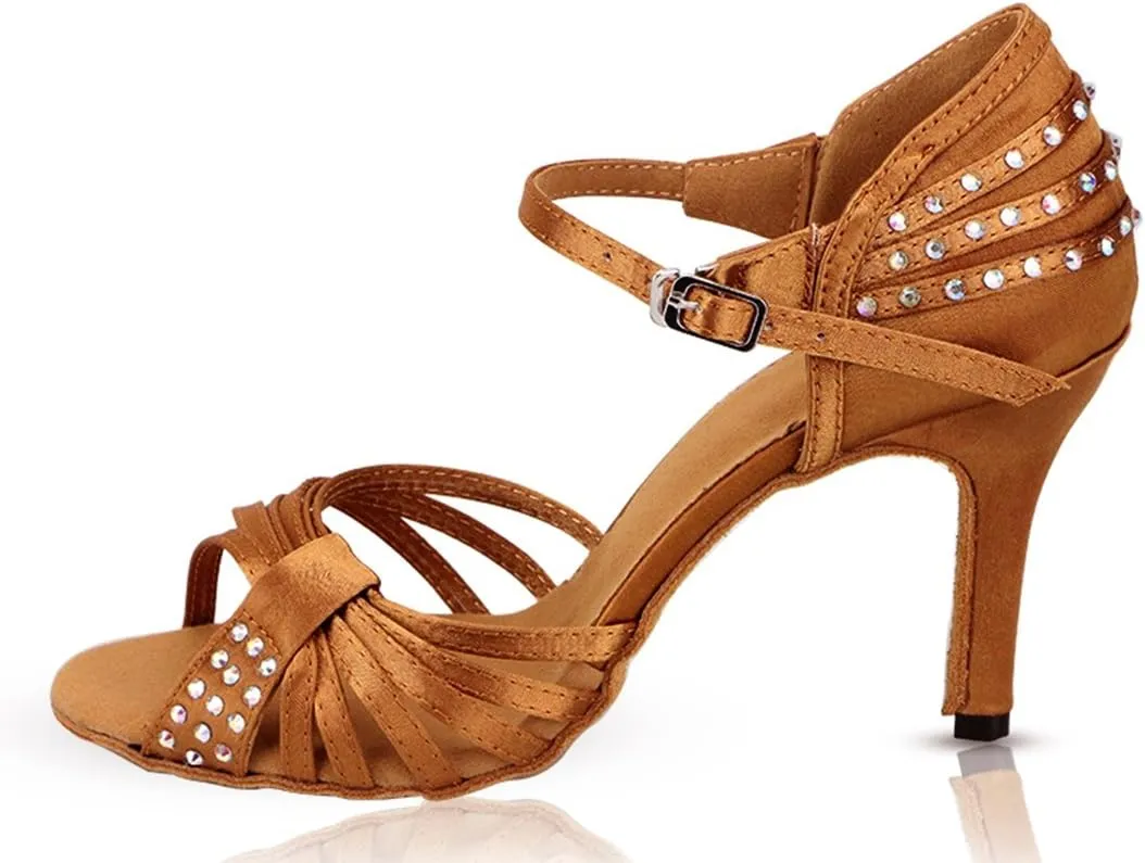 TDA Women's Single Strap Stiletto High Heel Cut-out Crystals Satin Salsa Tango Samba Modern Latin Dance Shoes