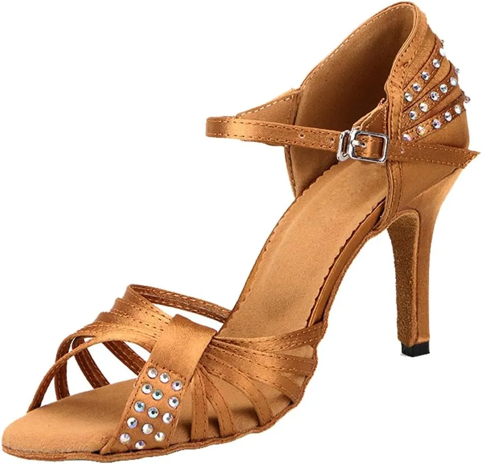 TDA Women's Single Strap Stiletto High Heel Cut-out Crystals Satin Salsa Tango Samba Modern Latin Dance Shoes