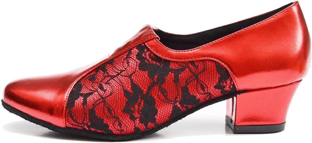 TDA Women's SM1896 Comfort Chunky Heel Lace Leather Salsa Tango Ballroom Latin Modern Dance Shoes