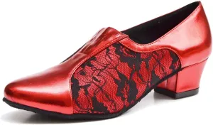 TDA Women's SM1896 Comfort Chunky Heel Lace Leather Salsa Tango Ballroom Latin Modern Dance Shoes