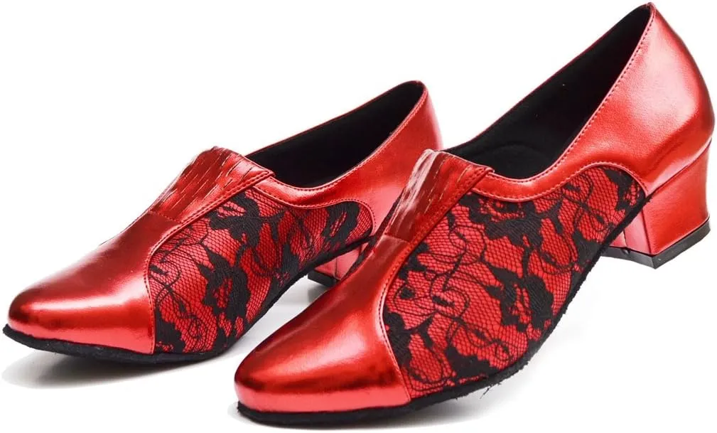 TDA Women's SM1896 Comfort Chunky Heel Lace Leather Salsa Tango Ballroom Latin Modern Dance Shoes