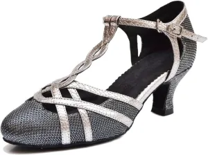 TDA Womens T-Strap Glitter Black Synthetic Salsa Tango Ballroom Latin Party Dance Shoes SM1895 9.5 M US