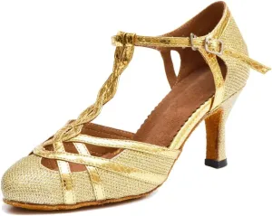 TDA Womens T-Strap Glitter Gold Synthetic Salsa Tango Ballroom Latin Party Dance Shoes SM1895 8.5 M US