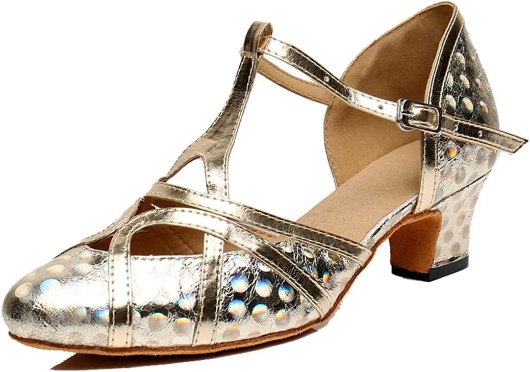 TDA Women's T-Strap Glitter Synthetic Salsa Tango Ballroom Latin Party Dance Shoes 4 5cm Printing Gold
