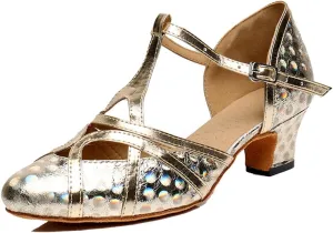 TDA Women's T-Strap Glitter Synthetic Salsa Tango Ballroom Latin Party Dance Shoes 4 5cm Printing Gold