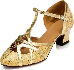 TDA Women's T-Strap Glitter Synthetic Salsa Tango Ballroom Latin Party Dance Shoes 4 Glitter Gold-5cm Heel