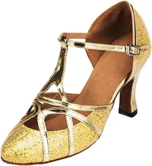 TDA Women's T-Strap Glitter Synthetic Salsa Tango Ballroom Latin Party Dance Shoes 6 8cm Glitter Gold