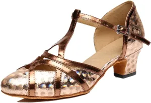 TDA Women's T-Strap Glitter Synthetic Salsa Tango Ballroom Latin Party Dance Shoes 6.5 5cm Printing Brown