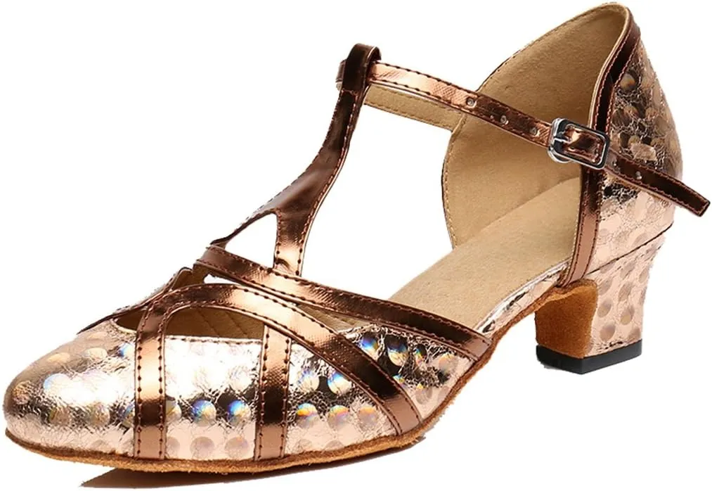 TDA Women's T-Strap Glitter Synthetic Salsa Tango Ballroom Latin Party Dance Shoes 6.5 5cm Printing Brown