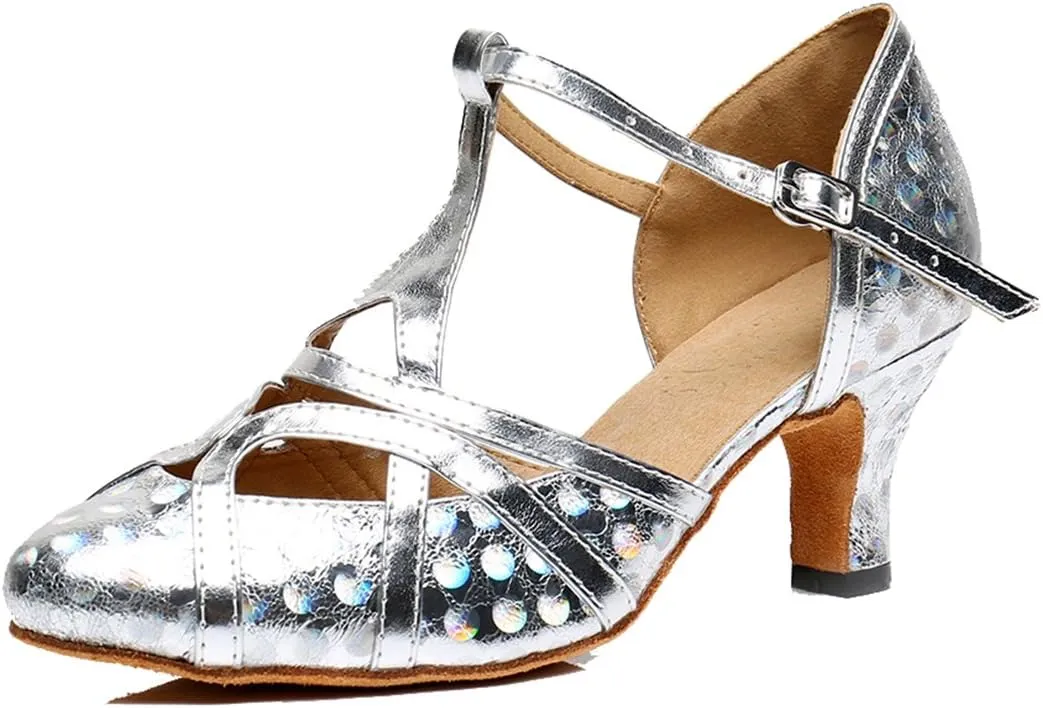 TDA Women's T-Strap Glitter Synthetic Salsa Tango Ballroom Latin Party Dance Shoes 8 6cm Printing Silver
