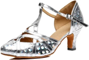 TDA Women's T-Strap Glitter Synthetic Salsa Tango Ballroom Latin Party Dance Shoes 8 6cm Printing Silver