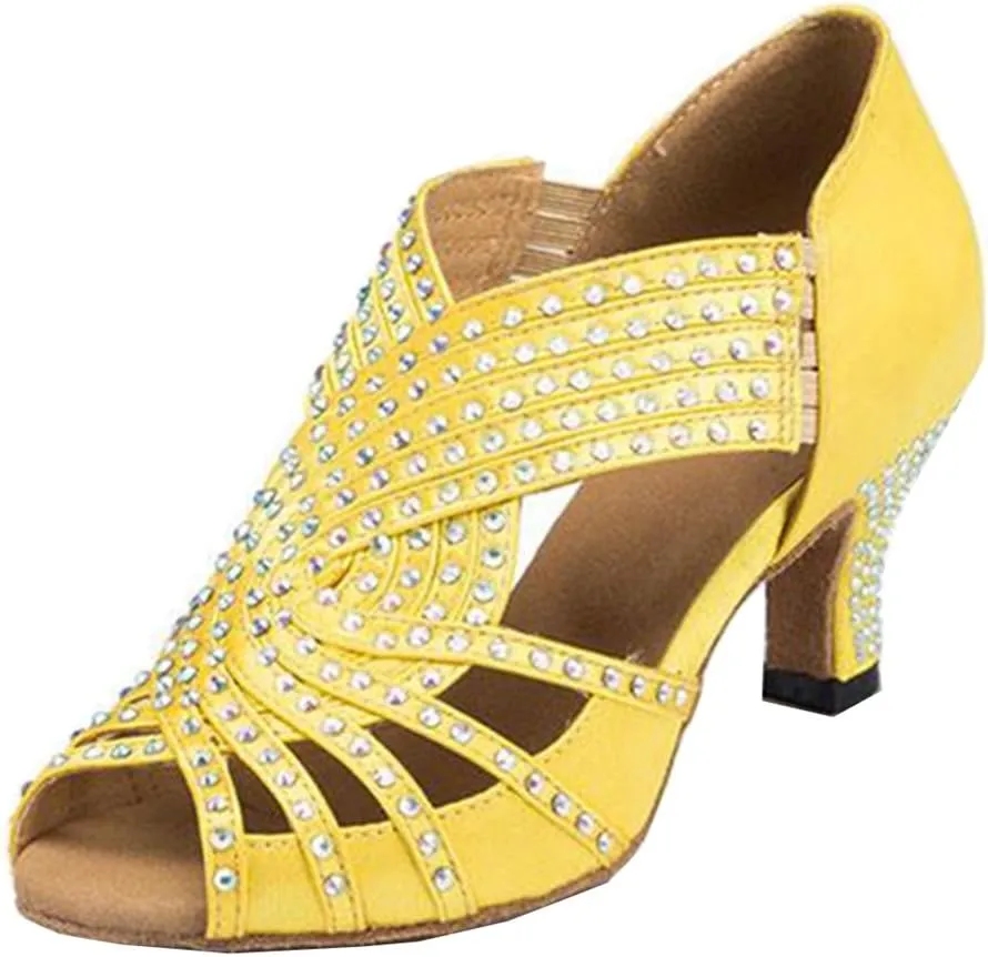 TDA Womens Zipper Mid Heel Yellow Satin Crystals Latin Modern Salsa Tango Ballroom Wedding Dance Shoes 6 M US