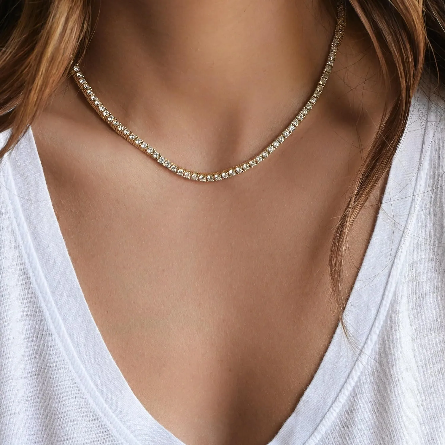 Tennis Necklace for Women 14K Gold/Silver Plated Rhinestone Choker Necklaces Dainty Cubic Zirconia Tennis Necklace Diamond chain Wedding Jewelry for Women