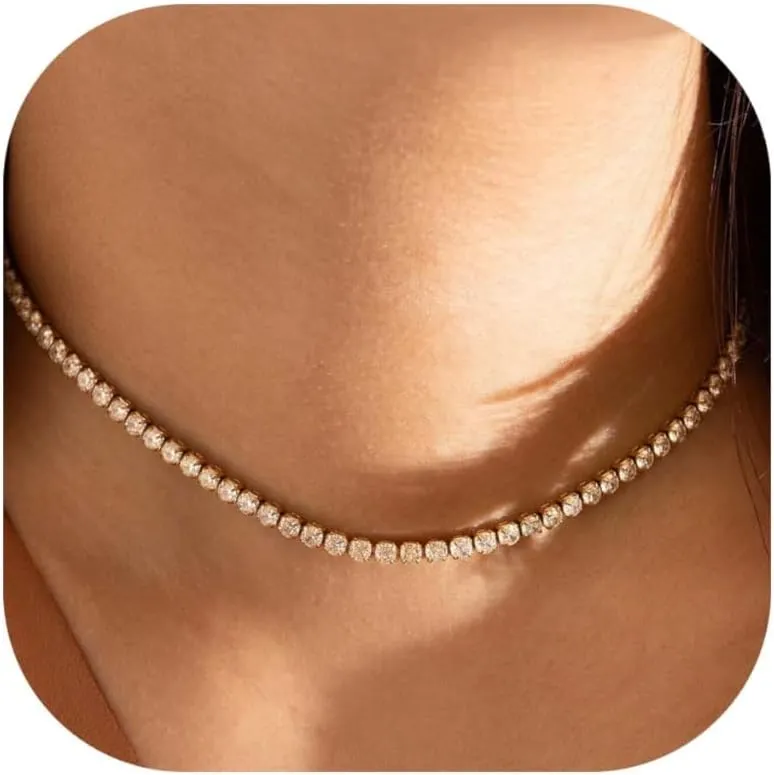 Tennis Necklace for Women 14K Gold/Silver Plated Rhinestone Choker Necklaces Dainty Cubic Zirconia Tennis Necklace Diamond chain Wedding Jewelry for Women