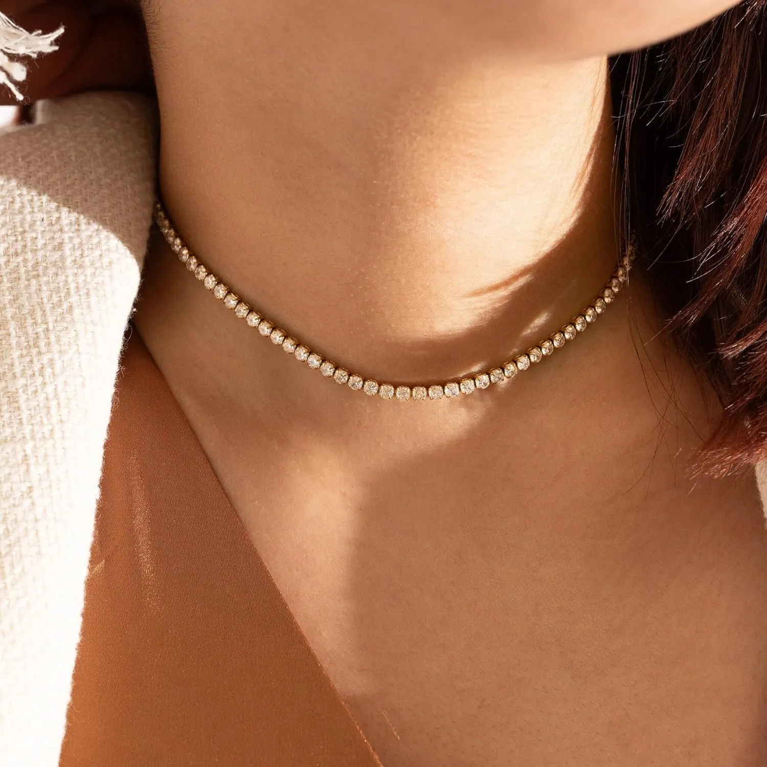 Tennis Necklace for Women 14K Gold/Silver Plated Rhinestone Choker Necklaces Dainty Cubic Zirconia Tennis Necklace Diamond chain Wedding Jewelry for Women