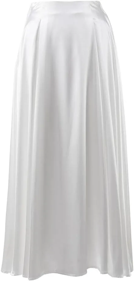 THLAI Women Satin Skirt Midi Skirt High Waist Silky Satin Skirt Elegant Aline Pleated Work Skirt Long Skirt White Satin Skirt
