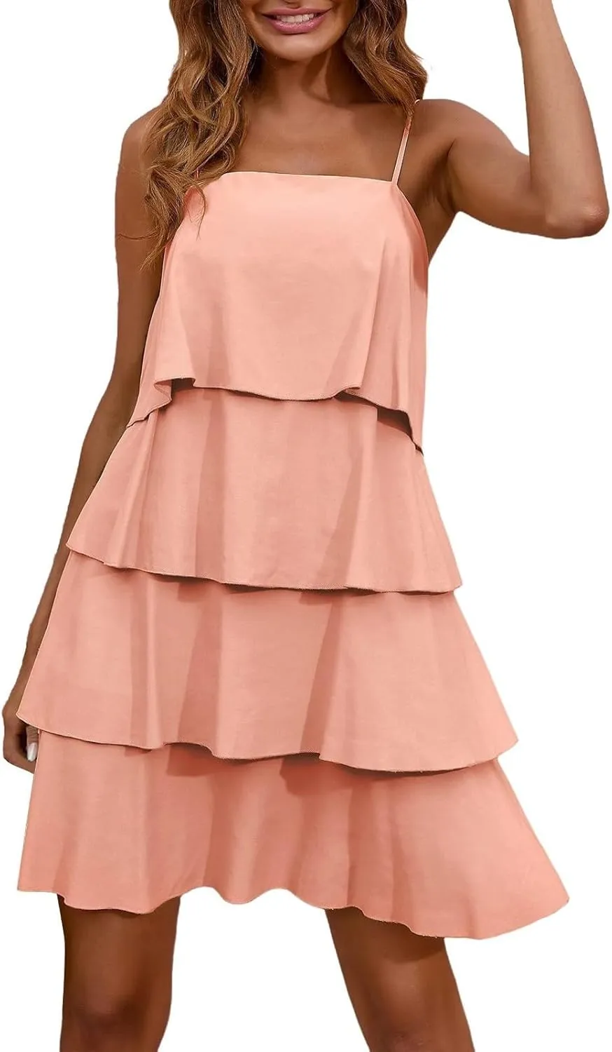 Tiered Ruffle Dress for Women Casual Summer Sleeveless Spaghetti Strap Mini Dress Flowy Layered Vacation Beach Dress