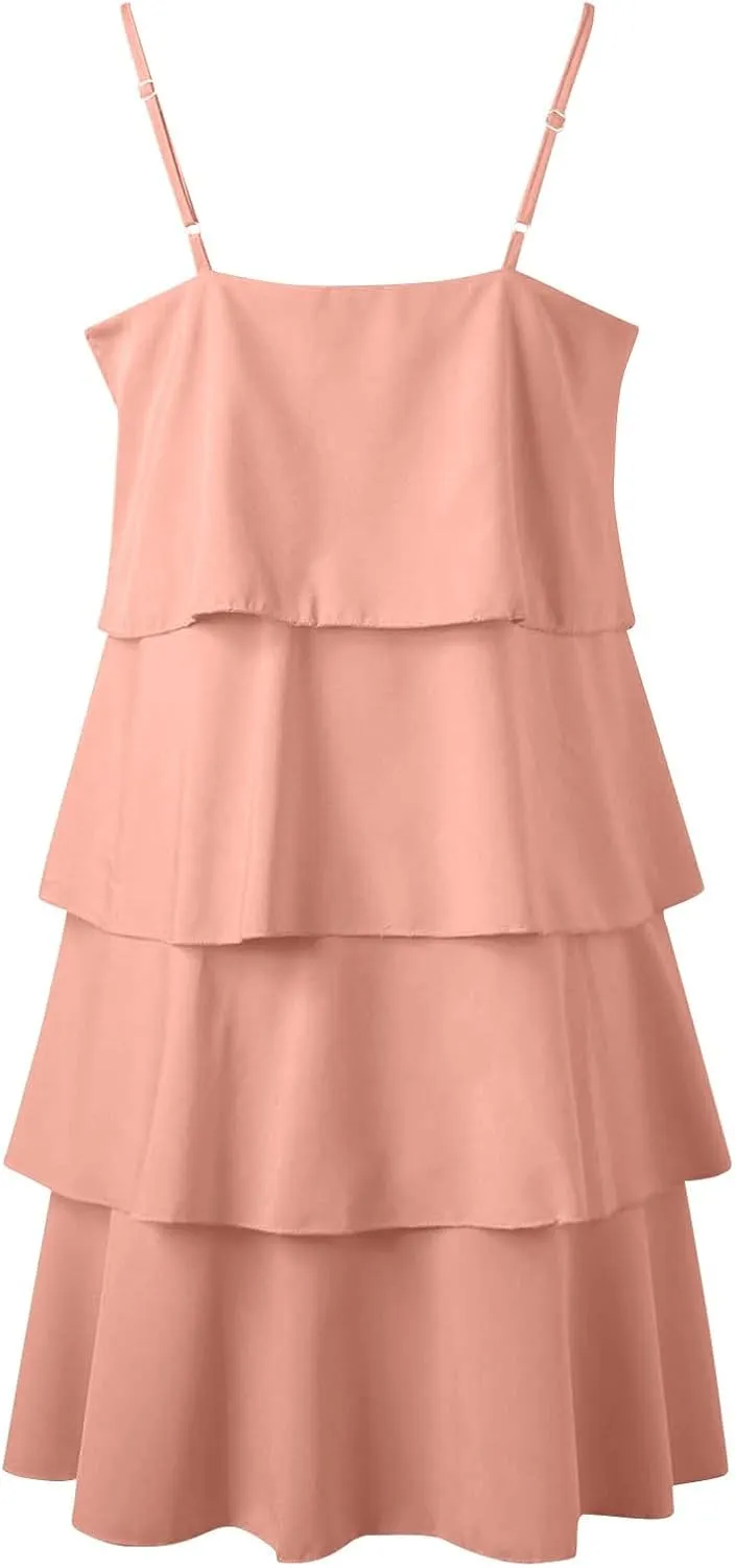 Tiered Ruffle Dress for Women Casual Summer Sleeveless Spaghetti Strap Mini Dress Flowy Layered Vacation Beach Dress