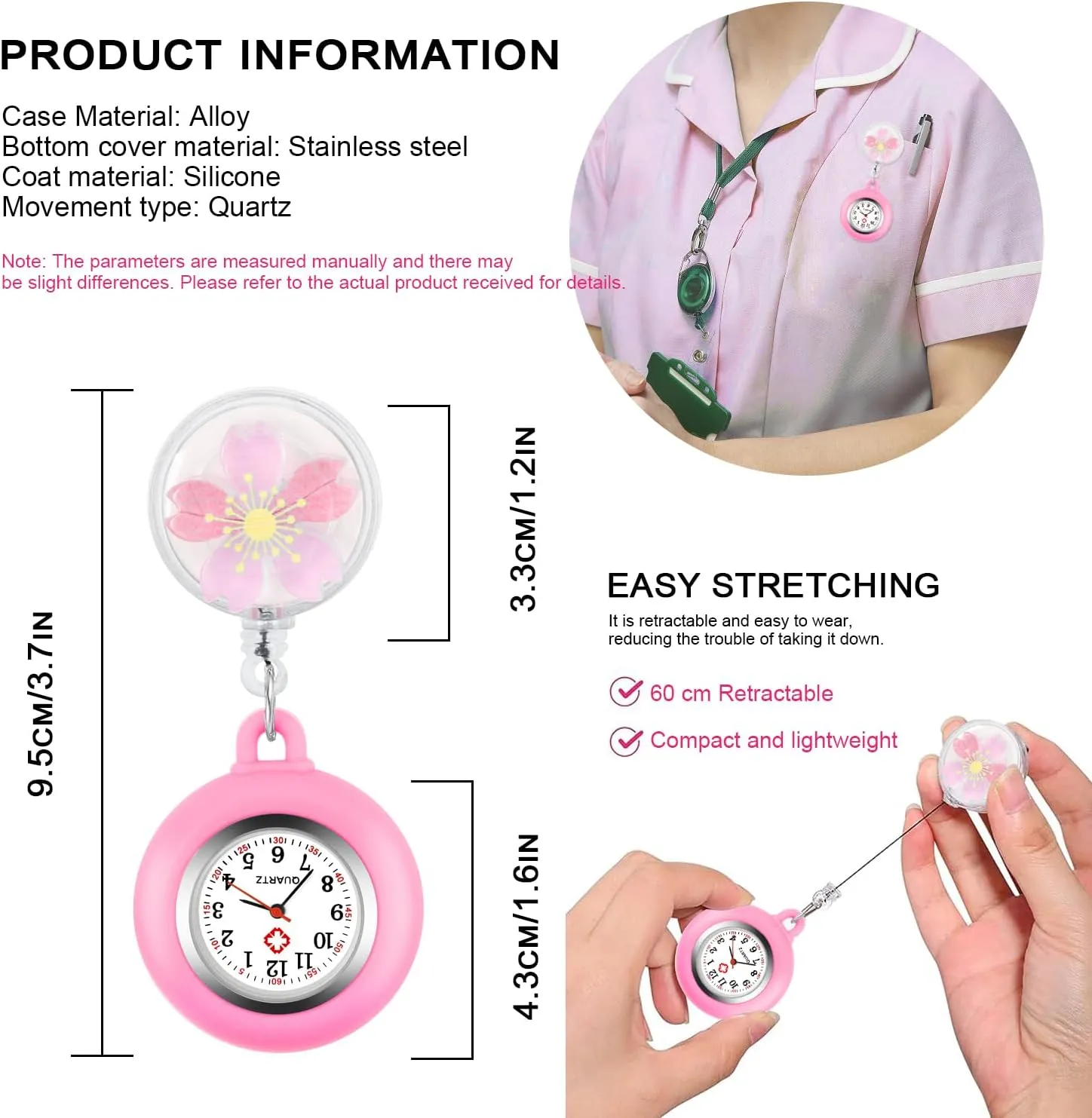 Tiong Pattern Design Nurse Watch, Flip Collar Watch Clip Style Pocket Watch, Retractable Arabic Numeral Dial Nurse Pocket Watch