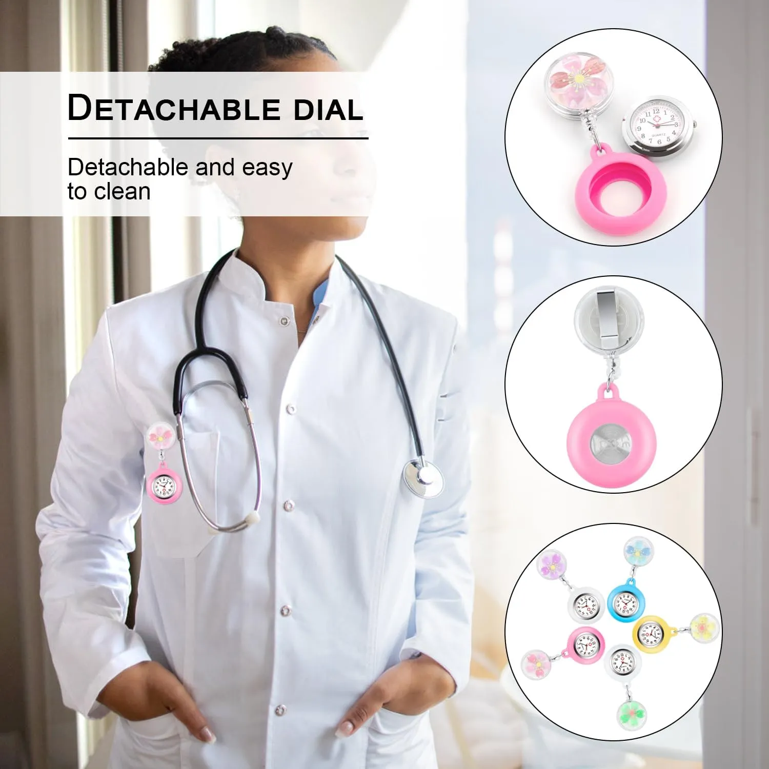 Tiong Pattern Design Nurse Watch, Flip Collar Watch Clip Style Pocket Watch, Retractable Arabic Numeral Dial Nurse Pocket Watch