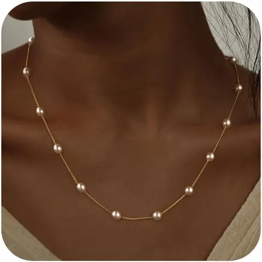 Trendy Pearl Necklace for Women Dainty Layered Gold/Silver Necklaces Pearls Pendant Stackable Choker Chain Jewelry Set