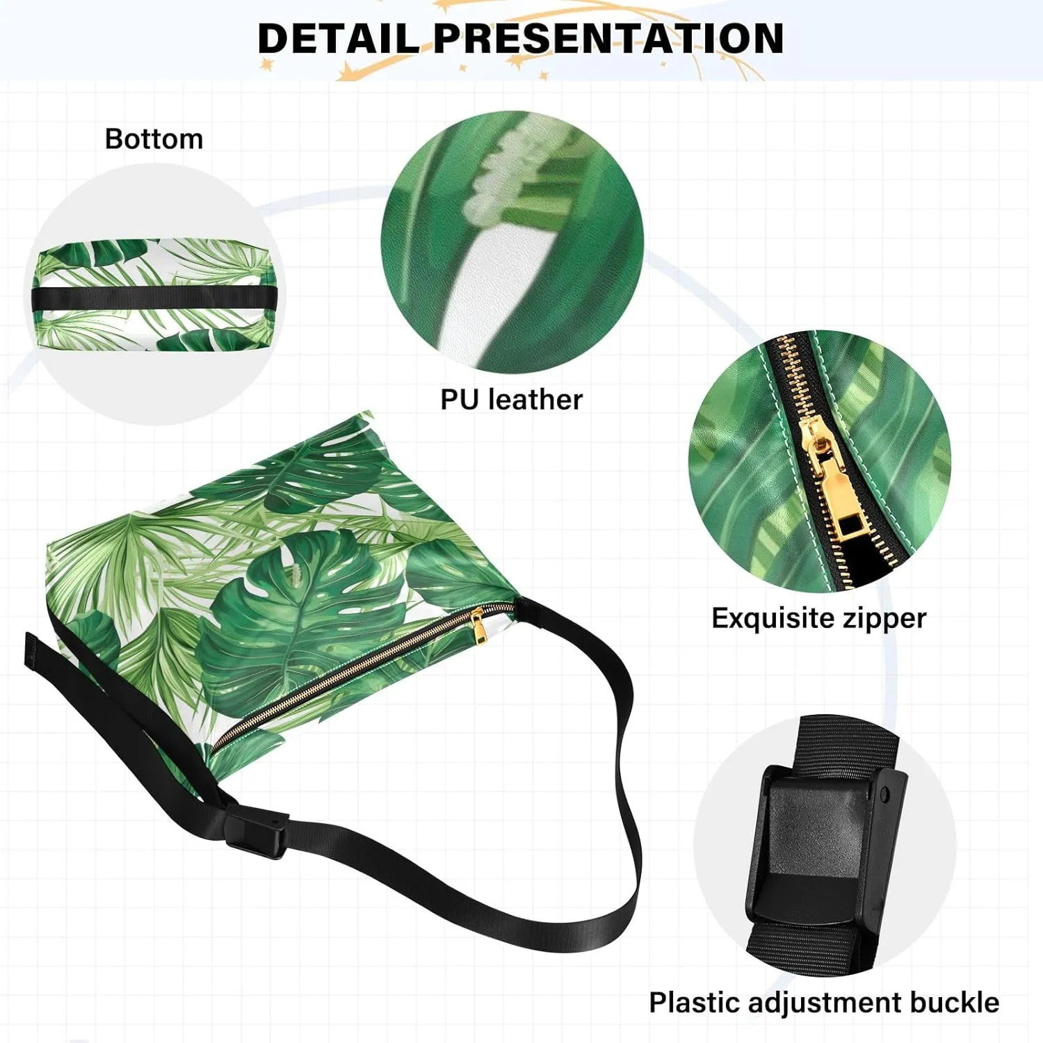 Tropical Leaves for Printing Crossbody Leather Shoulder Bag, Cross Body Shoulder Bag Leather, Shoulder Bag for Woman