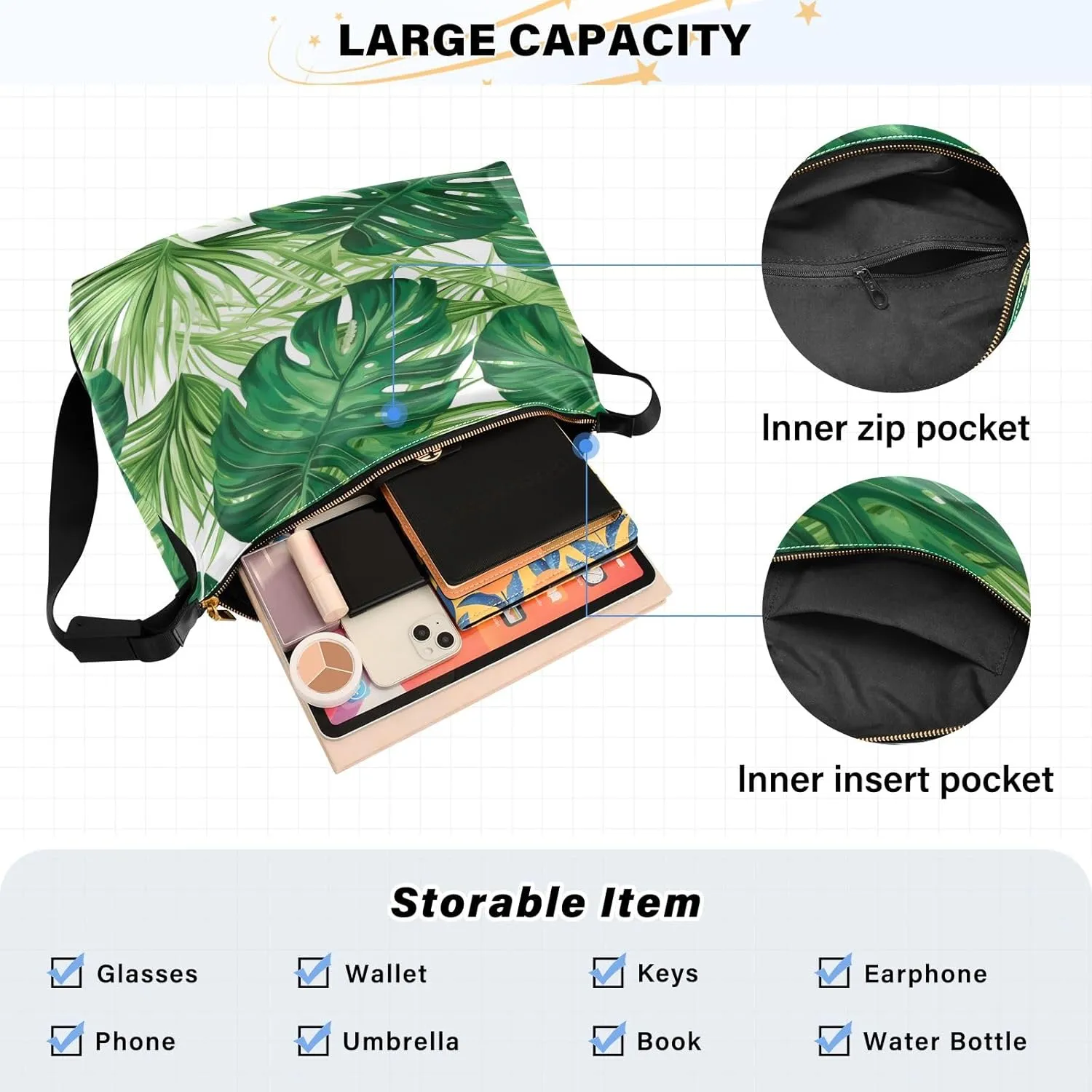 Tropical Leaves for Printing Crossbody Leather Shoulder Bag, Cross Body Shoulder Bag Leather, Shoulder Bag for Woman