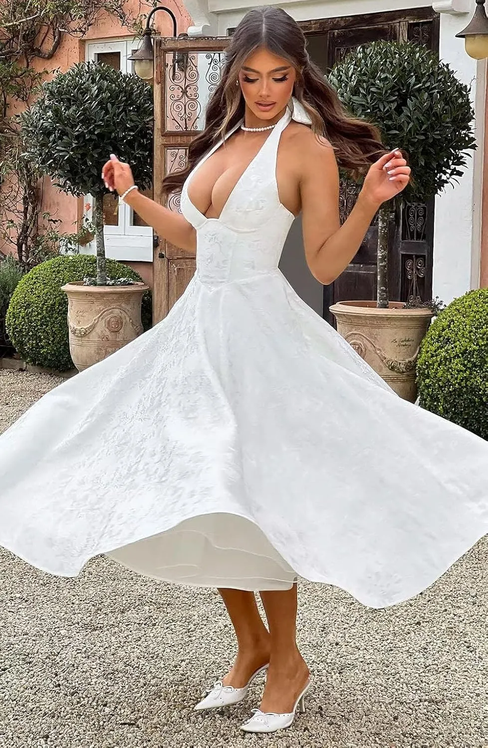 UZN Halter Tea Length Prom Dresses 2025 Jacquard Satin Deep V-Neck A-Line Formal Evening Party Gowns