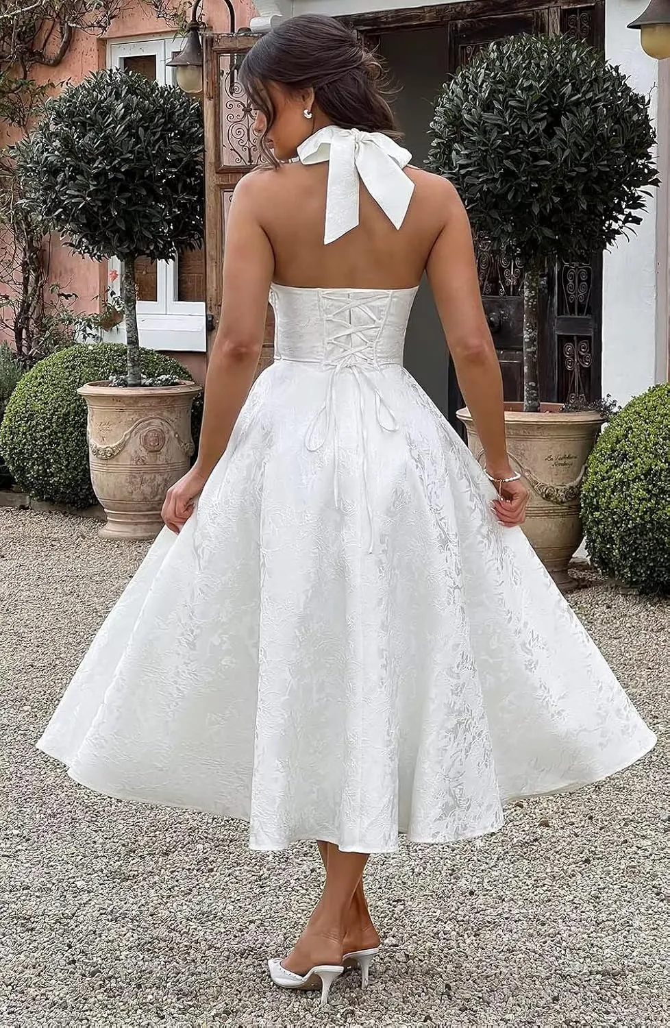 UZN Halter Tea Length Prom Dresses 2025 Jacquard Satin Deep V-Neck A-Line Formal Evening Party Gowns