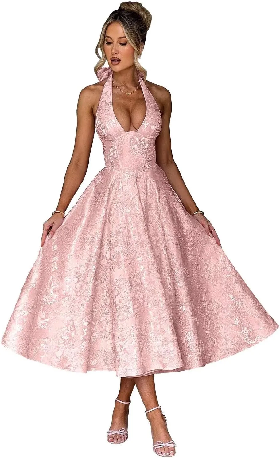UZN Halter Tea Length Prom Dresses 2025 Jacquard Satin Deep V-Neck A-Line Formal Evening Party Gowns