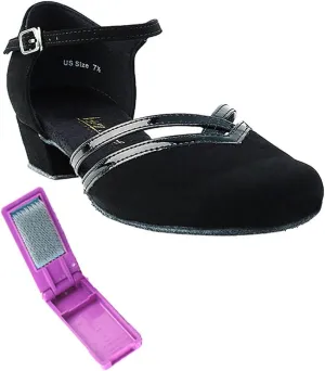 Very Fine Ballroom Latin Tango Salsa Dance Shoes for Women - 8881-1 inch Heel   Foldable Shoe Brush Bundle - Black Nubuck - 10
