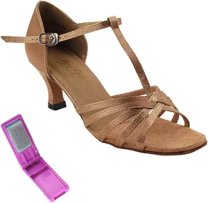 Very Fine Dance Shoes - Ladies Latin, Rhythm, Salsa Ballroom Dance Shoes - 1612-2.5-inch Heel and Foldable Brush Bundle - Brown Satin - 6