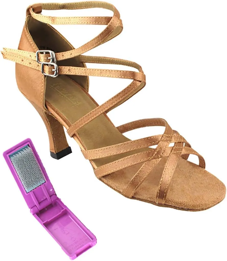 Very Fine Dance Shoes - Ladies Latin, Rhythm, Salsa, Waltz Ballroom Dance Shoes - 5008-2.5-inch Heel and Foldable Brush Bundle - Brown Satin - 9.5