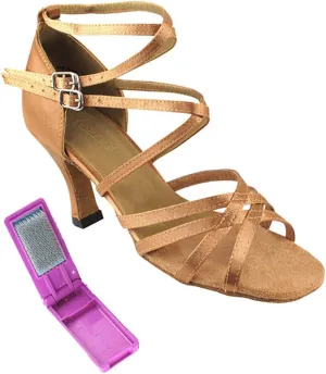 Very Fine Dance Shoes - Ladies Latin, Rhythm, Salsa, Waltz Ballroom Dance Shoes - 5008-2.5-inch Heel and Foldable Brush Bundle - Brown Satin - 9.5