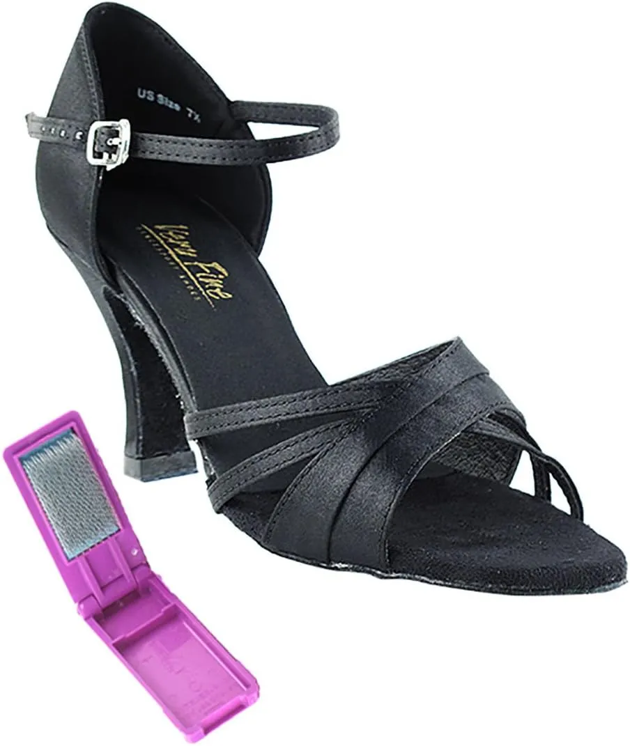 Very Fine Dance Shoes - Ladies Latin, Rhythm, Salsa, Waltz Ballroom Dance Shoes - 6030-2.5-inch Heel and Foldable Brush Bundle - Black Satin - 7.5