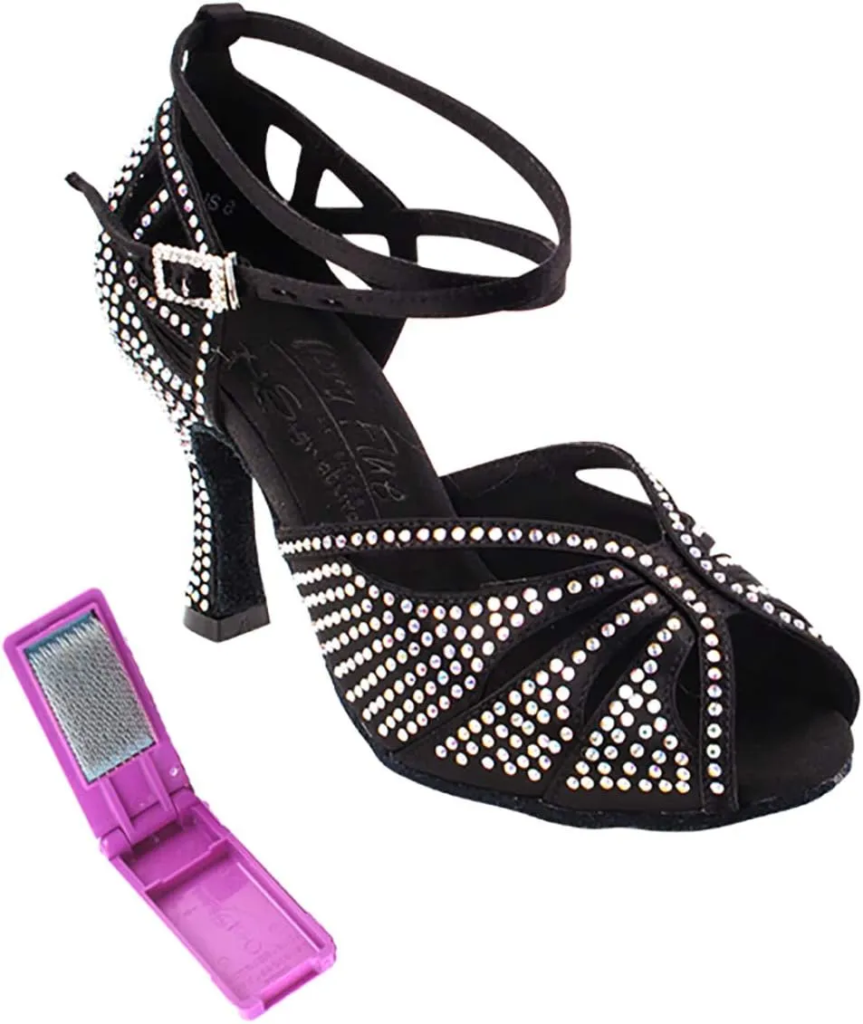 Very Fine Dance Shoes - Ladies Latin, Rhythm, Salsa, Waltz Ballroom Dance Shoes - S1003CC - 3-inch Heel and Foldable Brush Bundle - Black Satin - 8