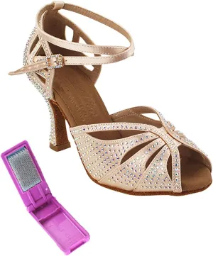 Very Fine Dance Shoes - Ladies Latin, Rhythm, Salsa, Waltz Ballroom Dance Shoes - S1003CC - 3-inch Heel and Foldable Brush Bundle - Flesh Satin - 6