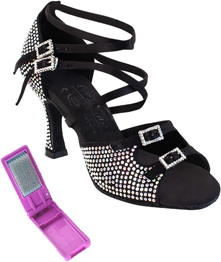 Very Fine Dance Shoes - Ladies Latin, Rhythm, Salsa, Waltz Ballroom Dance Shoes - S1004CC - 3-inch Heel and Foldable Brush Bundle - Black Satin - 9.5