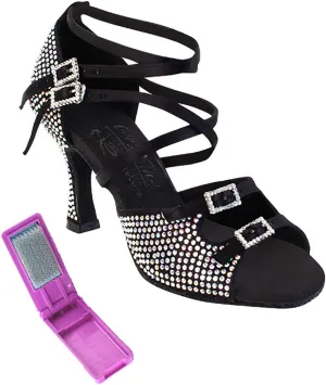 Very Fine Dance Shoes - Ladies Latin, Rhythm, Salsa, Waltz Ballroom Dance Shoes - S1004CC - 3-inch Heel and Foldable Brush Bundle - Black Satin - 9