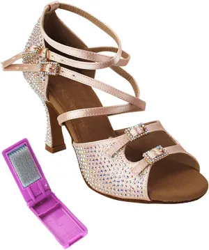 Very Fine Dance Shoes - Ladies Latin, Rhythm, Salsa, Waltz Ballroom Dance Shoes - S1004CC - 3-inch Heel and Foldable Brush Bundle - Flesh Satin - 6.5